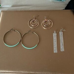3 sets of earrings , turquoise and gold hoops, silver glitter , and gold